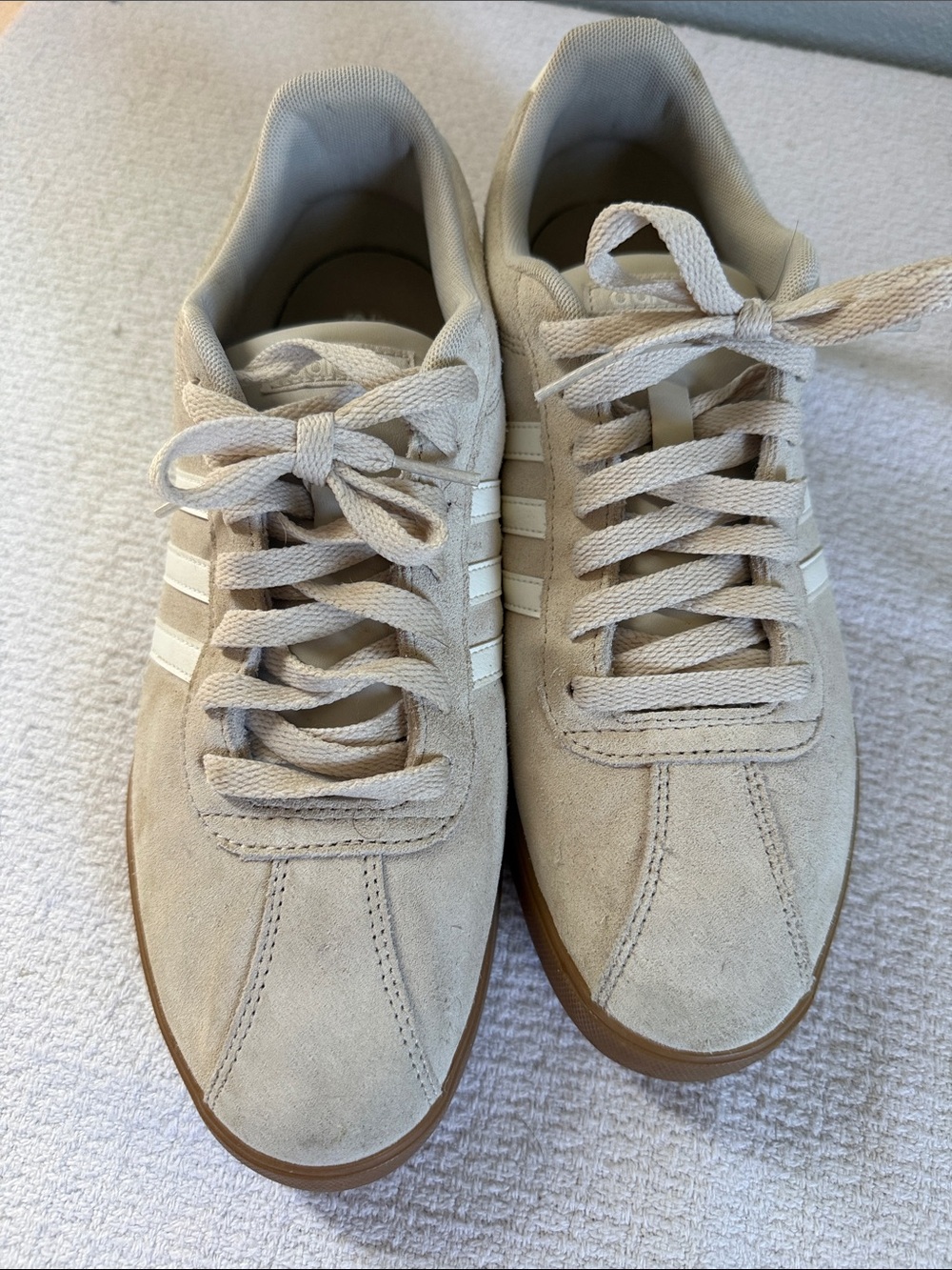 adidas women’s Beige Suede Sneakers with White Stripes